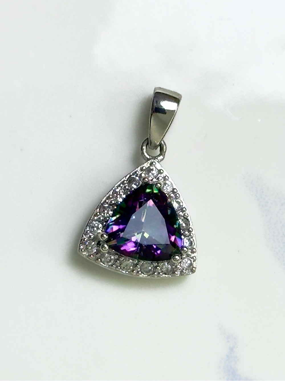Signed VJ 925 Sterling Silver Trillion Mystic Fire Topaz Halo Pendant 1.8g